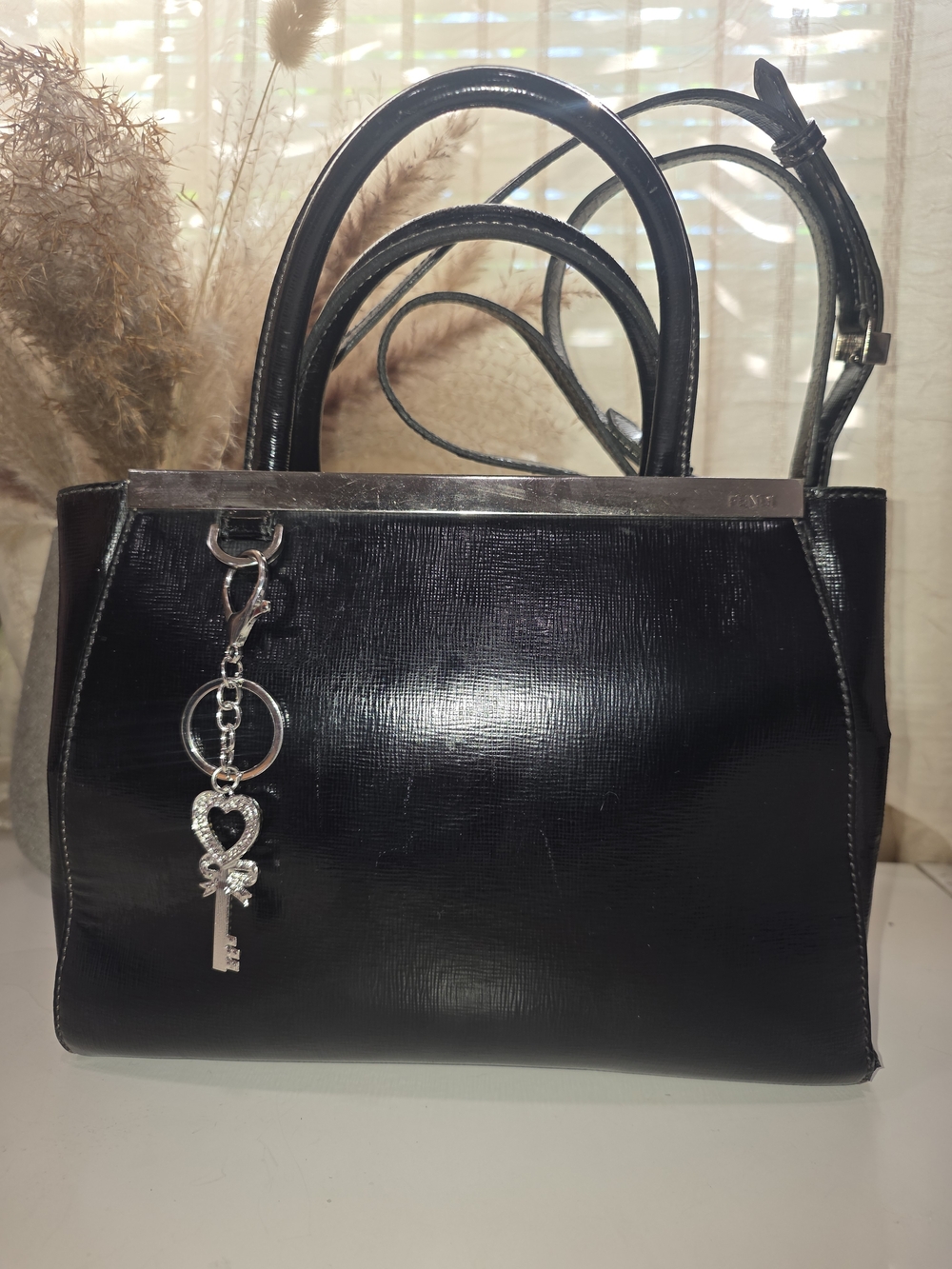 Fendi Black Patent Satchel with Silver Key Charm